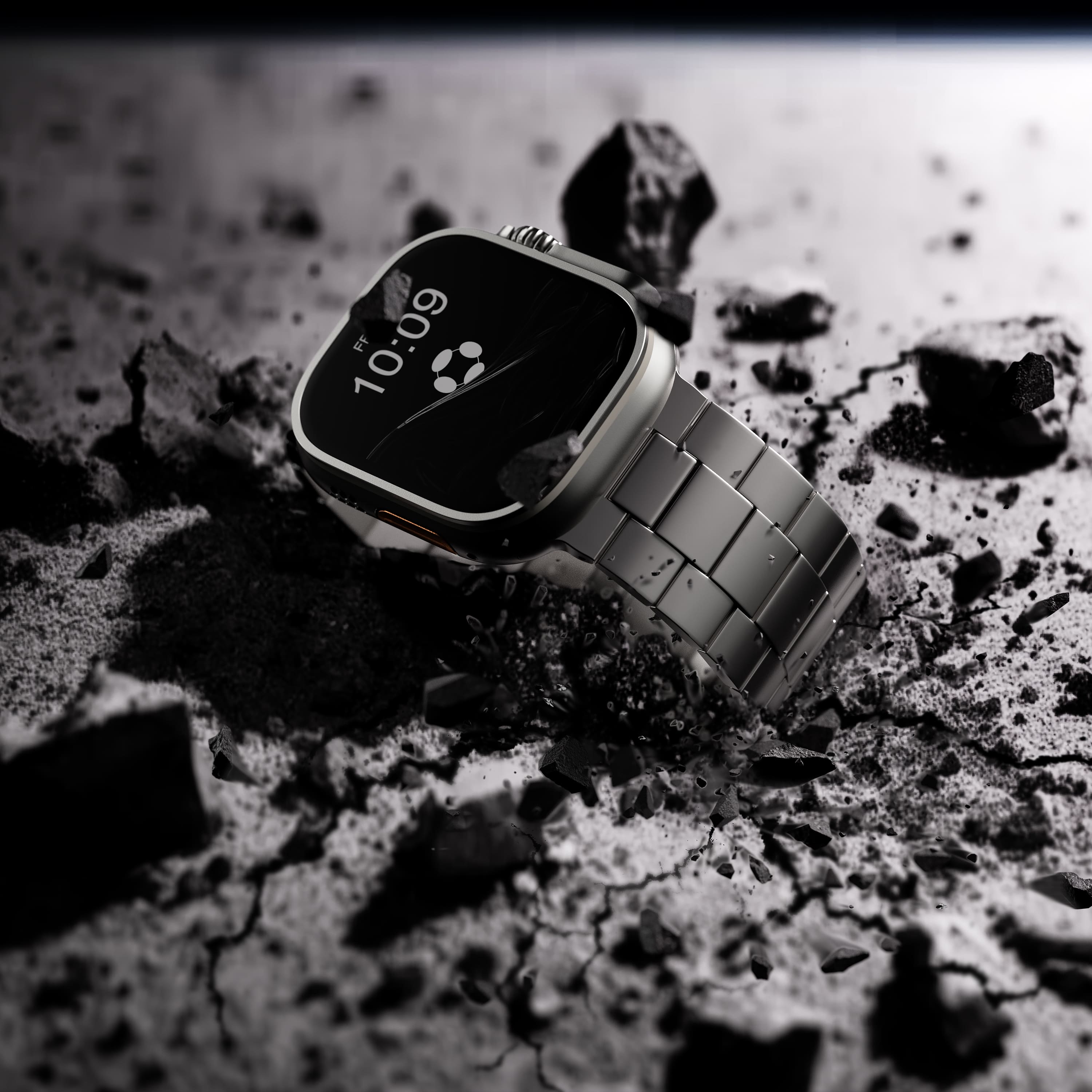 Back view of FINESTONE titanium Apple Watch Ultra band showing solid metal links and secure clasp