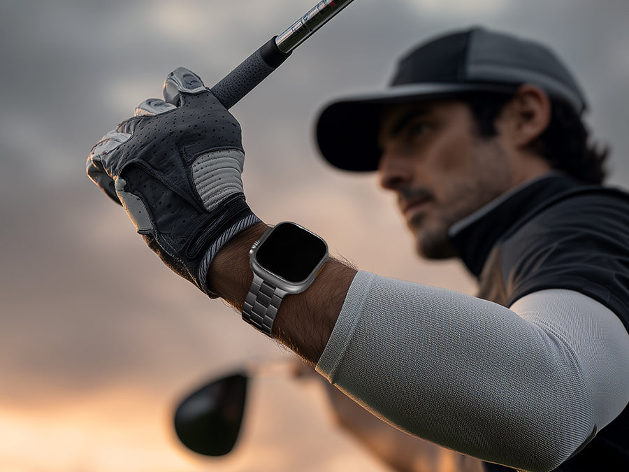 This titanium Apple Watch band stays balanced and comfortable through every swing.
