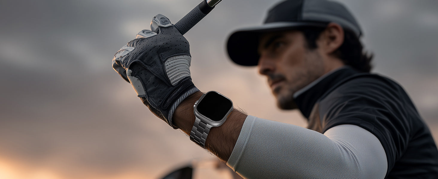 This titanium Apple Watch band stays balanced and comfortable through every swing.