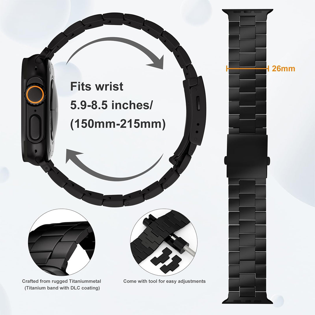 Fits wrist5.9-8.5 inches/(150mm-215mm)
Crafted from rugged Titaniummetal(Titanium band with DLC coating)
Come with tool for easy adjustments