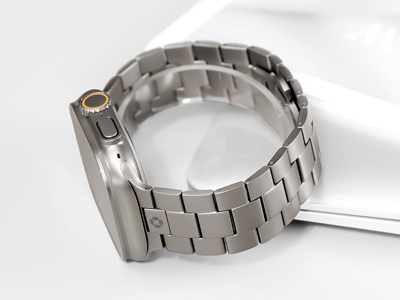 FINESTONE titanium band worn on Apple Watch Ultra, premium metal strap for men’s daily wear